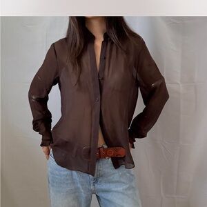 Sheer Silk Brown Button-Up Blouse